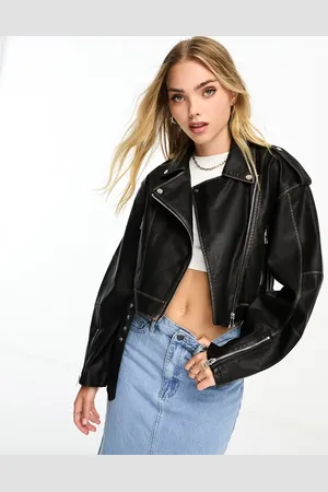 Pull&Bear Oversized fit faux leather vintage wash biker jacket in