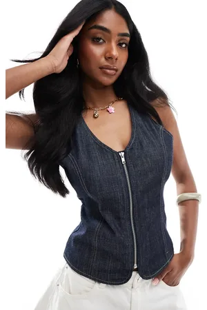 Pull&Bear Denim halterneck top in dark rinse