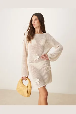 ASOS Knitted beach mini dress with 3D flowers in ecru