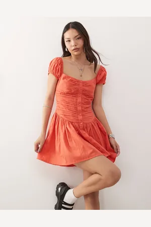 Reclaimed Square neck dropped waist mini sun dress in tangerine red
