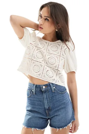 ONLY Crochet tie back top in beige