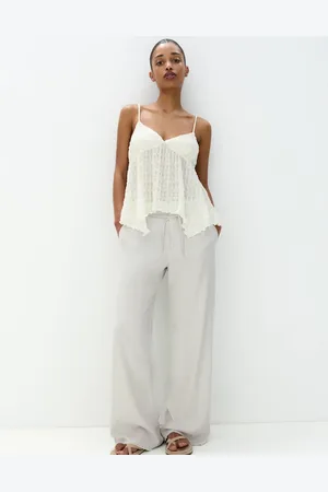 Pull&Bear Tie up waist frayed hem wide leg trousers in