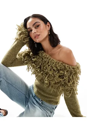 Bershka Shaggy bardot jumper in khaki