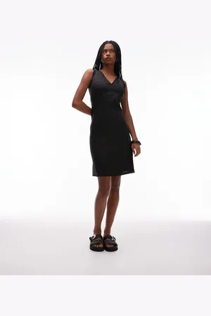 ARKET Linen rich v-neck midi shift dress with frill trim in