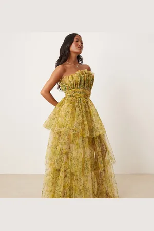 Lace & Beads Bandeau high low tulle maxi dress in floral