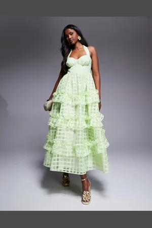 ASOS Textured organza check halter maxi dress in lime