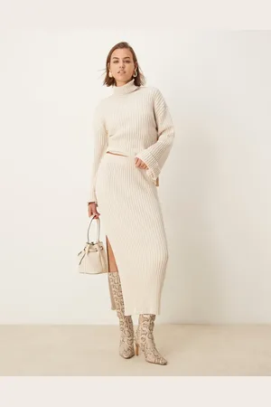 Y.A.S Knitted maxi skirt co-ord with split in cream