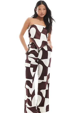 4th & Reckless Drawstring satin wide leg trousers co-ord in brown geo print