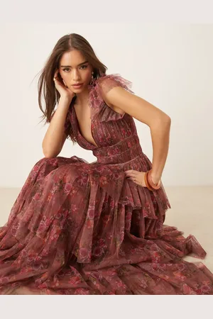 Lace & Beads Ruffle shoulder tiered maxi dress in floral