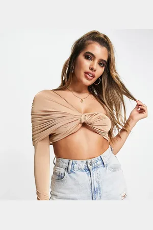 Missguided Co-ord one shoulder knot front crop top in beige