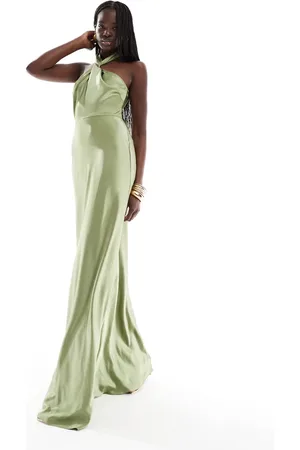 Six Stories Bridesmaid halter neck satin maxi dress in moss