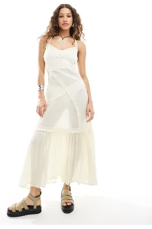 COLLUSION Beach maxi woven beach dress with seams in natural - STONE
