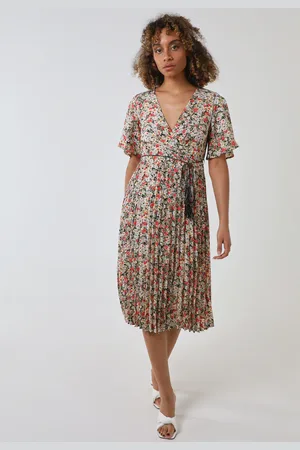 Blue Vanilla Wrap Front Pleated Hem Dress With Angel Sleeves - 8 /