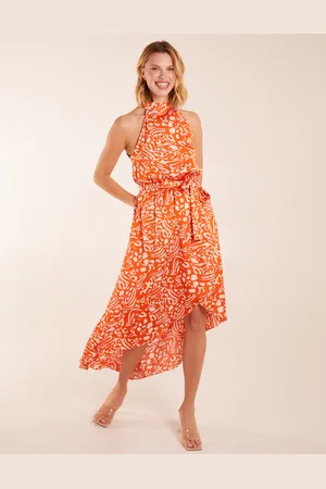 Blue Vanilla Abstract Print Halter Neck High Low Midi Wrap Dress - 8 /