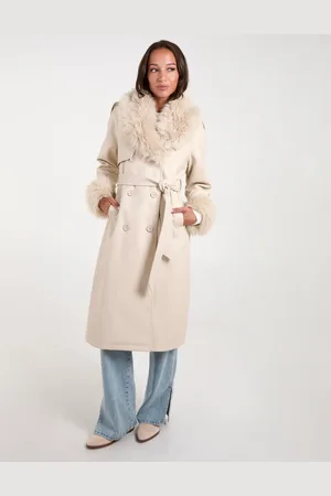 Blue Vanilla Faux Fur Trim Double Breasted PU Coat - 14 /