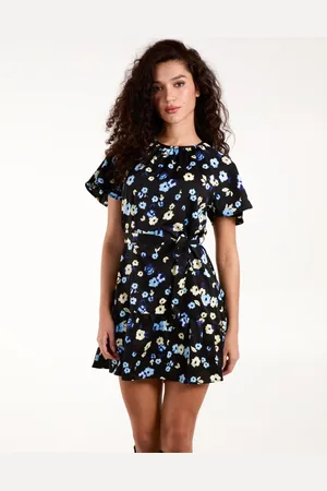 Blue Vanilla Tie Waist Floral Mini Dress - L /