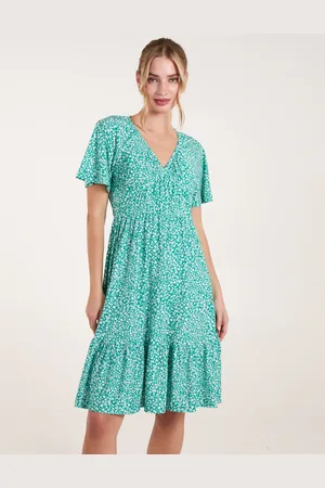 Blue Vanilla Ditsy Printed Angel Sleeve Elasticated V Neck Dress - L/XL /