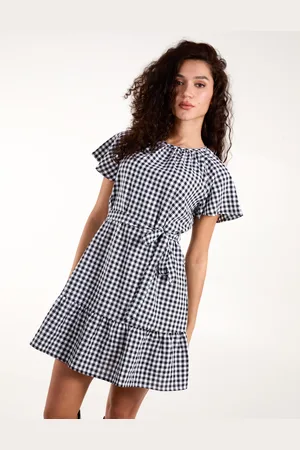 Blue Vanilla Gingham Belted Waist Mini Dress - L /