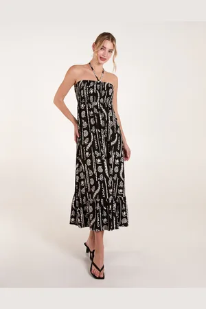 Blue Vanilla Shirred Bandeau Tie Neck Dress - L/XL /