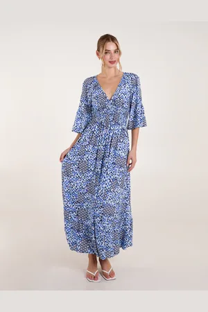 Blue Vanilla Abstract Elasticated Neck Shirred Waist Maxi Dress - L/XL /