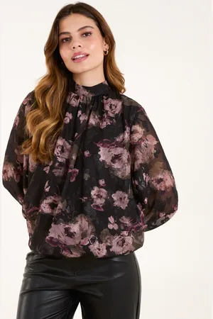 Blue Vanilla High Neck Bubble Hem Floral Jacquard Blouse - S /