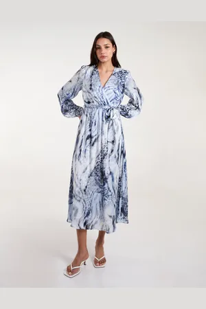 Blue Vanilla Watercolour Wrap Front Belted Midi Dress - L /