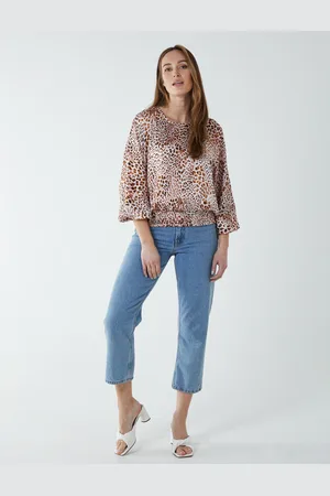 Blue Vanilla Leopard Print Round Neck Batwing Shirred Hemband Top - S/M /