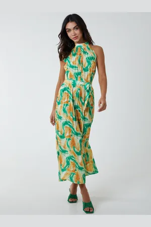 Blue Vanilla Halterneck Abstract Leaves Maxi Dress - L /
