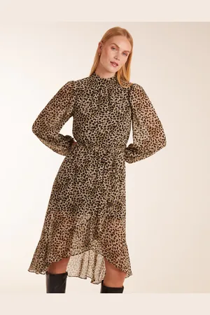 Blue Vanilla Leopard Print High Neck Wrap Frill Hem Midi Dress - 8 /