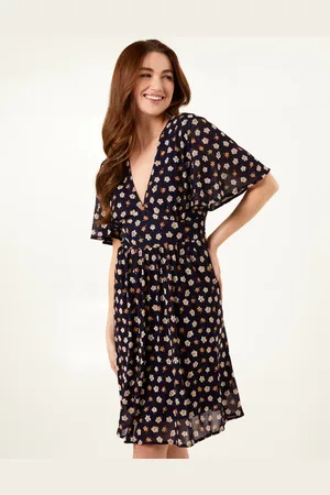 Blue Vanilla V Neck Tie Back Flower Printed Mini Dress - L /