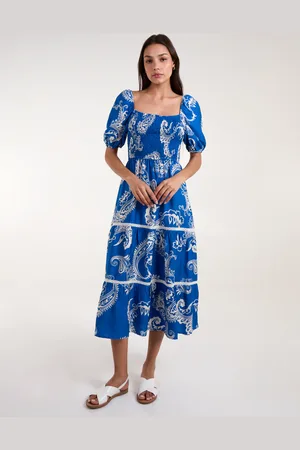 Blue Vanilla Square Neck Puff Sleeve Shirred Waist Midi Dress - L /