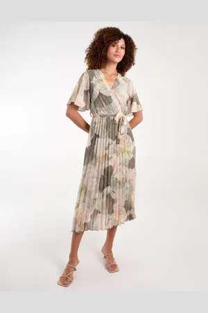 Blue Vanilla Watercolour Shell Print Pleated Crossover Dress - L /