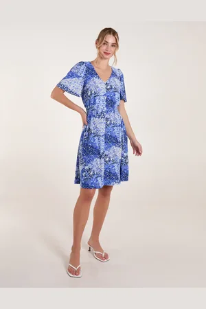 Blue Vanilla Shirred Waist Button Front Patchwork Mini Dress - L/XL /