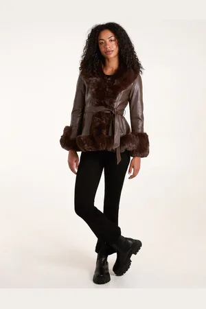 Blue Vanilla Faux Fur PU Coat With Belt - 8 /