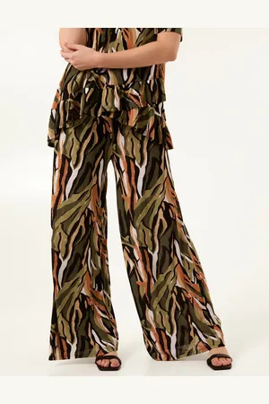 Blue Vanilla Plisse Tropical Print Wide Leg Trousers - M/L /