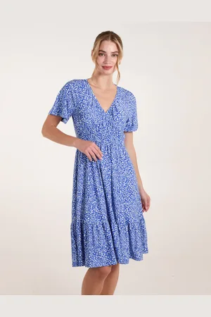 Blue Vanilla Ditsy Printed Angel Sleeve Elasticated V Neck Dress - L/XL /
