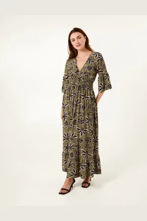 Blue Vanilla Tropical Print Elasticated Neck Shirred Waist Maxi Dress - L/XL /