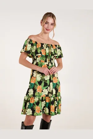 Blue Vanilla Tropical Shirred Waist Bardot Mini Dress - L/XL /