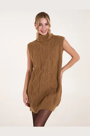 Blue Vanilla Roll Neck Cable Knitted Oversized Sleeveless Jumper - M /