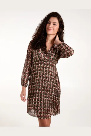 Blue Vanilla Geometric Print Wrap Front Pleated Dress - S /