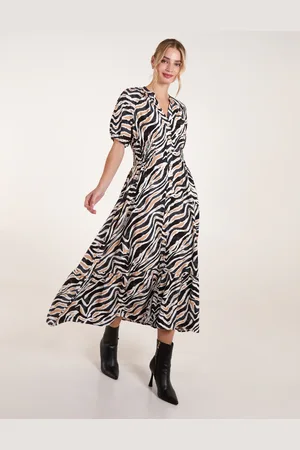 Blue Vanilla Shirred Waist Button Front Puff Sleeve Midi Dress - L /