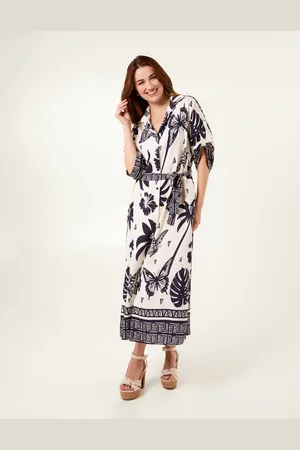Blue Vanilla Butterflies & Tropical Printed Abstract Shirt Dress - M-L /