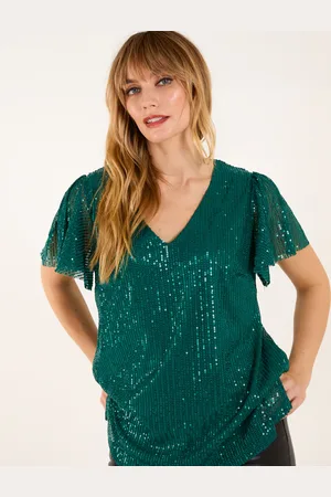 Blue Vanilla Angel Sleeve V Neck Sequin Top - S /