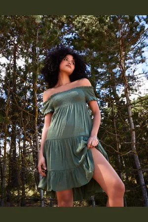 Blue Vanilla Bardot Shirred Neck Line Floaty Dress - M /