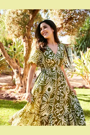 Blue Vanilla Printed Puff Sleeve Shirred Waist Midi Dress - L /