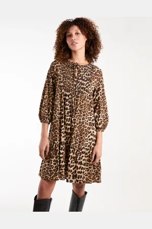 Blue Vanilla Leopard Print Shirred Front Tie Neck Smock Dress - S /