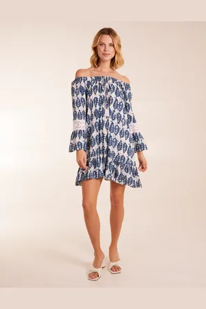 Blue Vanilla Leaf Print Elasticated Bardot Neck Tunic Dress - S /