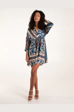 Blue Vanilla Scarf Print Batwing Crossover Dress - S/M /