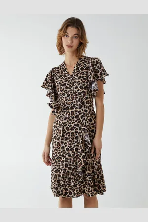 Blue Vanilla Leopard Print Wrap Ruffle Midi Dress - 8 /