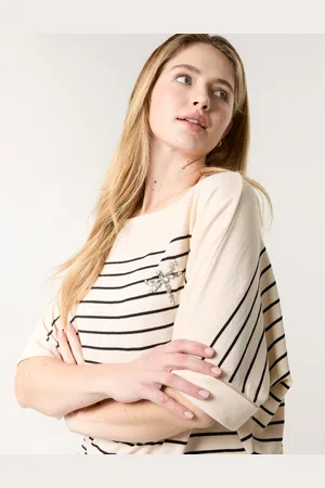 Blue Vanilla Horizontal Striped Top With Brooch - ONE /